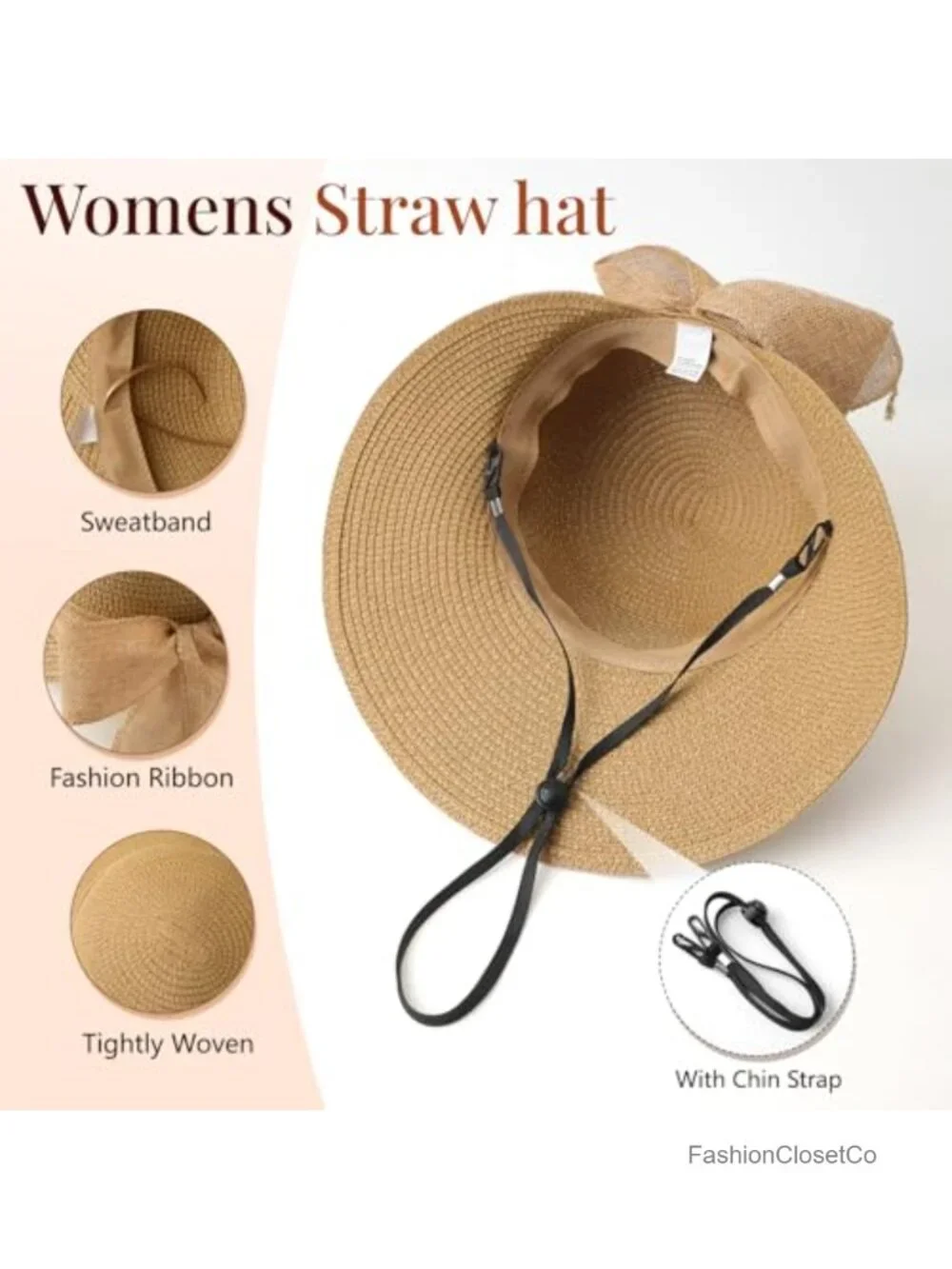 Women Straw Beach Sun Hat UV Protection Foldable Adjustable Chin Strap 4